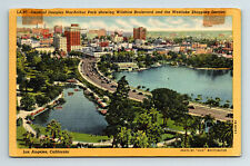 1945 Linen Postcard Los Angeles CA Aerial View Gen MacArthur Park Wilshire Blvd picture