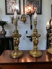 Pair Of Mid Century Quality Heavy Brass Putti Cherub Lamps - Hollywood Rococo picture