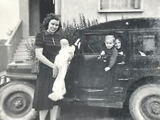 R9 Photograph Woman Holding Baby Kids Old Car 1950's France Jeep picture