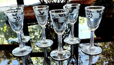 6 Vintage MCM BARWARE Libbey Frosted silver Leaf Cordial Stemmed Shot Glasses picture