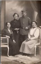 WW1 Era European Soldier with His Beautiful Sisters Portrait Postcard D25 picture