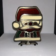 Vintage Stained Glass Metal Christmas Santa Tealight Votive Candle Holder picture