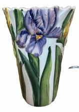 Italian Ceramic Hand Painted Majolica irises Yellow, Pink And Purple Vase picture