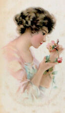 Postcard Gibson art beautiful woman smelling roses portrait style picture