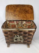 Vintage Large Wicker Sewing Picnic Basket On Legs Brass Eagle Front Patriotic picture
