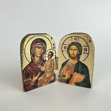 Vintage 3” Tall Wood Carved Pocket Shrine Diptych Jesus Mary Catholic Orthodox picture