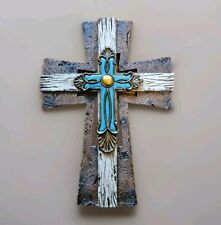 Crucifix Resin, metal, wood w/Turquoise colored stone 3D wall cross 8.5