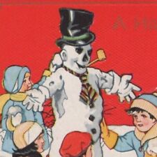 1900s Kids Building Snowman Smoking Pipe Happy Prosperous New Year Postcard picture