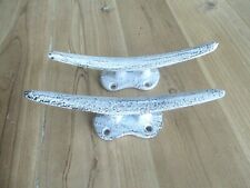 2 CLEAT NAUTICAL WALL HOOKS CAST IRON DRAWER PULL BOAT COAT DISTRESSED WHITE picture