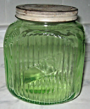 Vtg 1930's Hoosier Cookie Jar Ribbed Green Uranium Depression Glass Canister Lid picture
