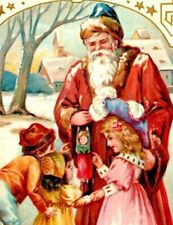 C.1907 Tuck Christmas. Brown Coat Santa. Adorable Boy & Girls Toy Doll. Postcard picture