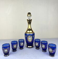 Vintage Bohemian Blue Glass Decanter With Cordial Glasses Applied Flowers 10.5” picture