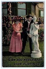 c1910's Angry Girl Big Hat Man Flirting Statue Flowers Posted Antique Postcard picture