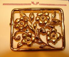 Vintage Brooch - Rectangular Gold Color Flower Metal Brooch picture