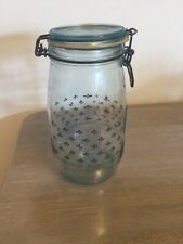 vintage blue glass canning jar w/ mini blue flowers & wire lock lid picture