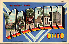 Vtg 1940's Warren Ohio OH Large Letter Grettings Linen Unused Postcard picture