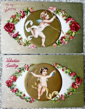Two Valentine's Day Postcards Cupid with Bow and Arrow, Roses picture