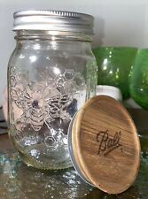 New Pint Honeybee Ball Mason Jar With 1 Metal & 1 new Ball Wooden Dry Goods lid picture