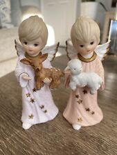 Vintage Lefton Angel Figurines (2) Holding Deer And Lamb Pastel picture