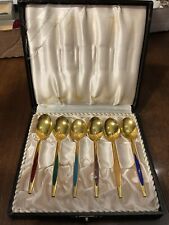 Vintage Mid Century Modern MEKA Denmark Enamel Demitasse Spoon Set Gold Wash Box picture