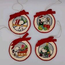 Vtg Finished Cross Stitch Peanuts Merry Snoopy Woodstock 4 Christmas Ornaments picture