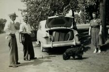 Three People & Dog By Car With Luggage In Trunk B&W Photograph 3.5 x 5 picture