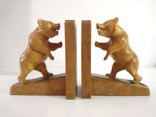 Vintage Wooden Hand Carved Bear Bookend Pair - Hungary 1960s picture