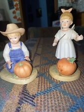 2 Vintage 1985 HOMCO Denim Days HALLOWEEN FUN Figurine #1516 Boy Girl Pumpkin picture