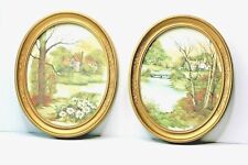 Pair Homco Oval Gold Tone Framed Prints Country Farmhouse Cottage Stream Flower picture