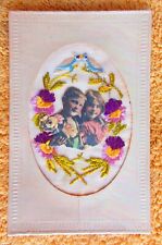 VTG NOS CELLULOID & SILK EMBROIDERED - CHILDREN - FLOWERS  - DOVES picture