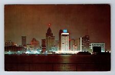 Detroit MI-Michigan, Night Skyline View, Antique, Vintage c1970 Postcard picture