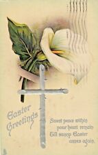 Vintage Easter Postcard SILVER CROSS   WHITE LILY EMBOSSED TUCK'S  POSTED 1910 picture