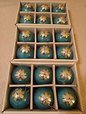 Rare Holographic Aqua Blown Glass Christmas Ornaments 3 Boxes VTG BLING 18 Total picture