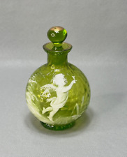 19c. Victorian Mary Gregory Art Glass Green Perfume Cologne Bottle Cherub Cupid picture