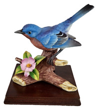 New w Box Vtg Andrea by Sadek 9973 Blue Bird Figurine w Wooden Base Hand Painted picture