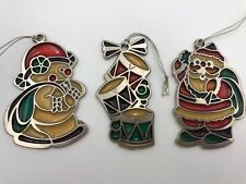 Set  3 Russ Berrie Vintage stained Glass ORNAMENTs Christmas Snowman Santa Drums picture