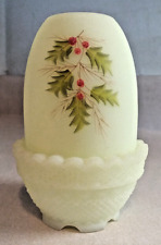 FENTON CUSTARD URANIUM GLASS HOLLY BERRY FAIRY LAMP LIGHT HAND PAINTED SIGNED picture