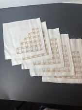 Vintage Napkins White Embroidered Geometric Tan Pattern Fine Fabric 17” picture