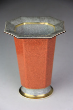 Vintage Royal Copenhagen Octagonal Orange & Gray w/ Gold Trim Crackle Vase picture