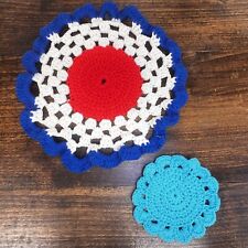 x2  Round Doily Trivet Hot Pad Pot Holder Vintage Red White Blue Hand Crochet picture