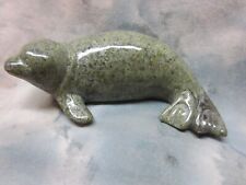 Collectible Hand Carved Seal Figurine Sage Green Speckled Stone-like Unmarked picture