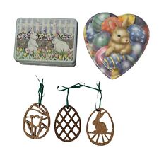 Vintage Easter Decor Lot Bunny Tin Heart Shaped Container 3 Wooden Ornaments picture