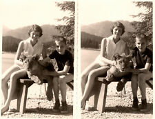 2 RPPC A Lion with Woman and Boy on Bench Photo Postcards (Does He Bite, Miss?) picture