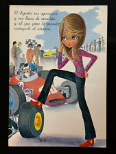 1969 Big-Eye Pretty Girl Race Car Mod Art Automobile Postcard Artist Signed Beni picture