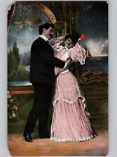 c1910 Romantic Couple Beautiful Pink Dress Dapper Suit Postcard picture