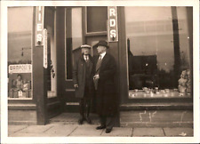 1920s TWO OLDER MEN TALKING antique 5x7 photograph IN FRONT OF DRUG STORE unique picture