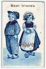 c1910's Best Wishes Dutch Boy And Girl Gel Gold Gilt Embossed Antique Postcard picture
