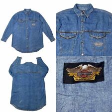 Harley Davidson Biker Collar Long Sleeves Shirt Men Blue Jean Embroidered XL-2XL picture