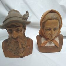 Vintage Man Pipe Woman Scarf Wood Grain carved Busts picture