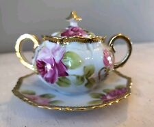 Antique Nippon Maple Leaf Morimura Hand Painted Rose Sugar Bowl Attached Plate picture